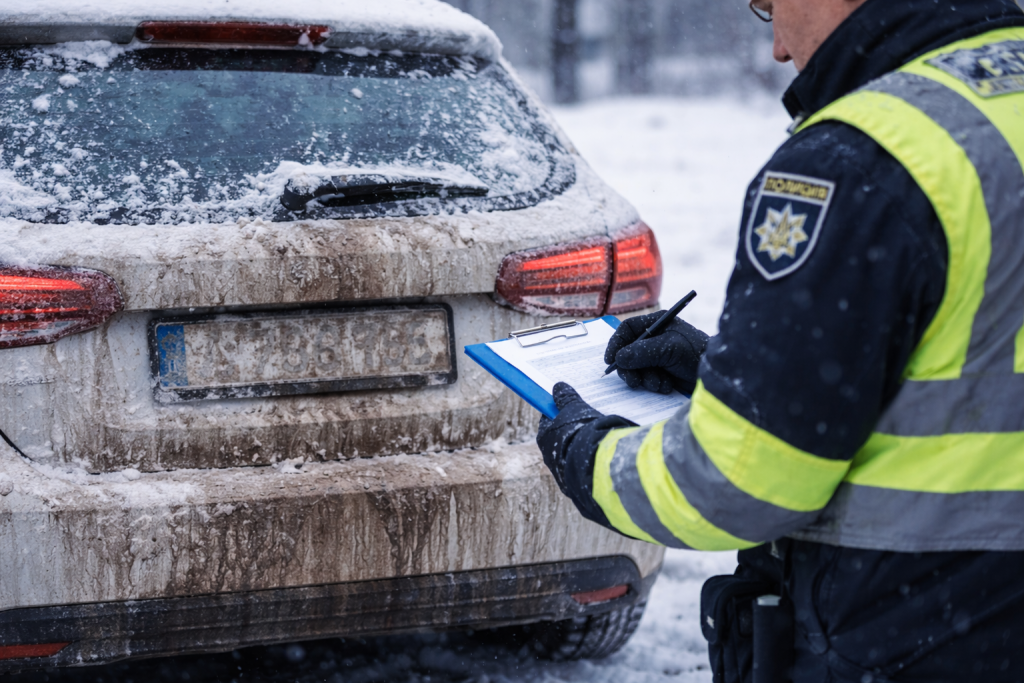 Поліцейський виписує штраф автомобілю з брудним номерним знаком взимку
