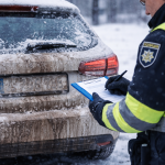 Поліцейський виписує штраф автомобілю з брудним номерним знаком взимку