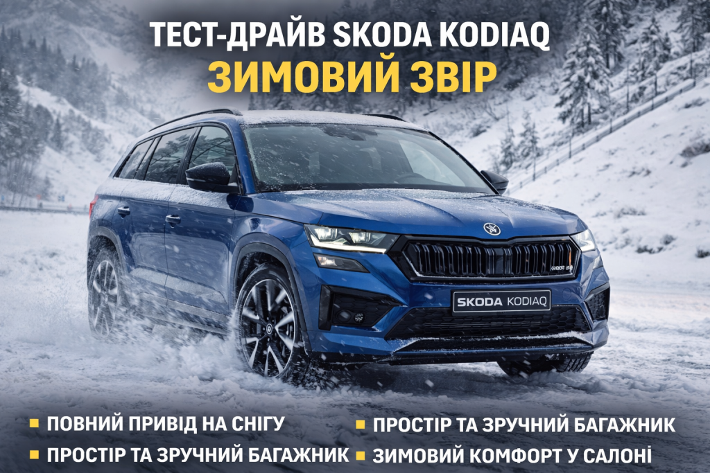 Skoda Kodiaq 2025 SportLine під час зимового тест-драйву на засніженій дорозі з повним приводом