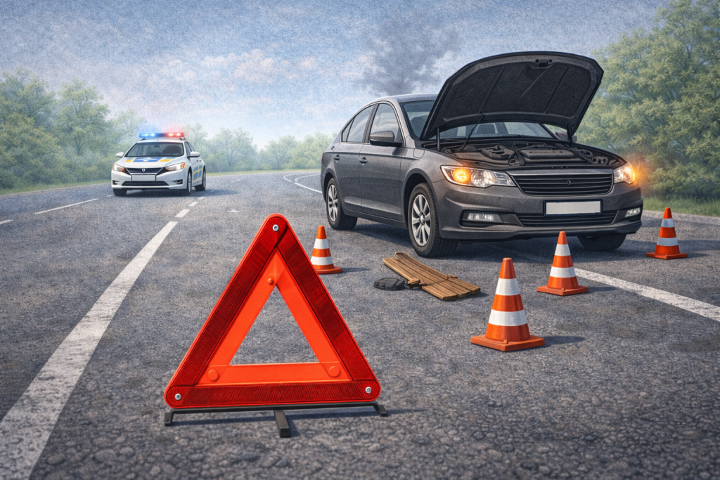 ПДР пункт 1.5 — автомобіль з поломкою на дорозі встановлено знак аварійної зупинки та конуси для попередження інших водіїв