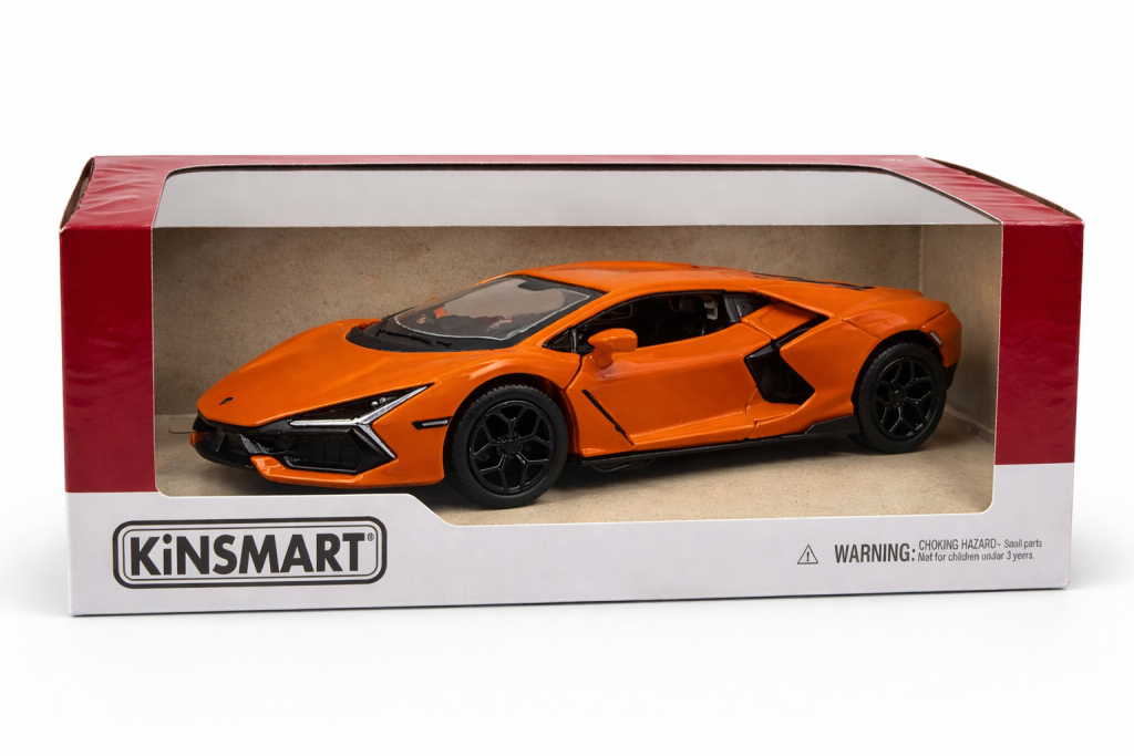 Модель Lamborghini Revuelto Kinsmart у помаранчевому кольорі в оригінальній коробці з прозорим вікном