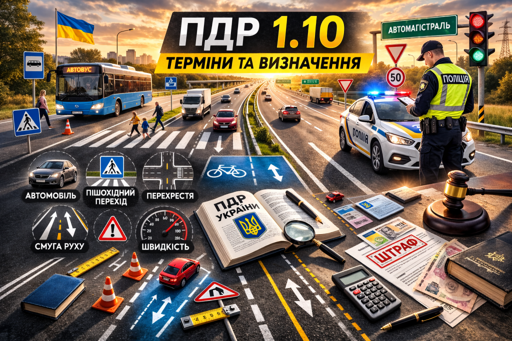 ПДР пункт 1.10 — терміни та визначення, що включають транспортні засоби, дорожні знаки, правила руху