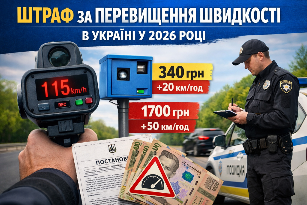 Штраф за перевищення швидкості в Україні 2026 — поліцейський вимірює швидкість радаром і виписує постанову водію