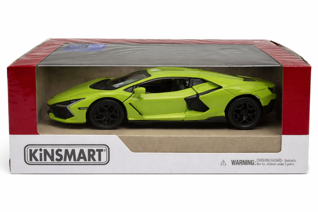 Модель Lamborghini Revuelto Kinsmart у фірмовій коробці — металева машинка салатового кольору в упаковці
