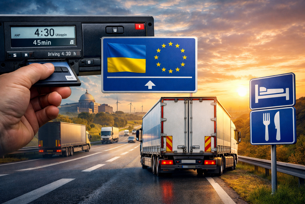 "Водій вантажівки використовує смарт-тахограф на фоні українського та європейського прапорів, символ інтеграції України в європейські стандарти праці водіїв"