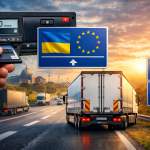 "Водій вантажівки використовує смарт-тахограф на фоні українського та європейського прапорів, символ інтеграції України в європейські стандарти праці водіїв"