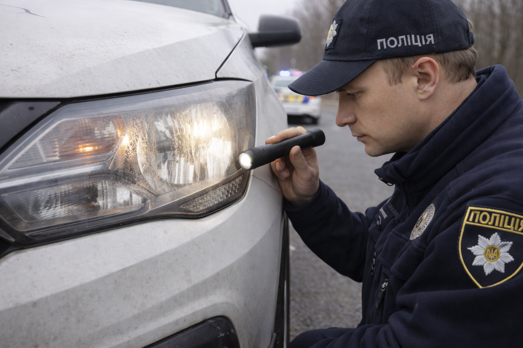 Поліцейський перевіряє несправну фару автомобіля під час дорожньої перевірки в Україні