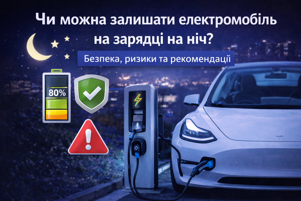 Електромобіль підключений до зарядної станції вночі з індикатором рівня заряду батареї