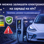 Електромобіль підключений до зарядної станції вночі з індикатором рівня заряду батареї