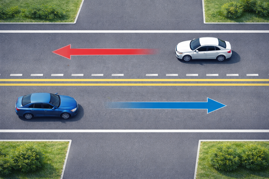 Правосторонній рух в Україні — дорога з чотирма смугами, подвійна суцільна лінія посередині, два автомобілі рухаються правими смугами в одному напрямку та один автомобіль рухається правою смугою зустрічного напрямку зі стрілками руху