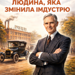Генрі Форд на тлі заводу Ford і автомобіля Model T