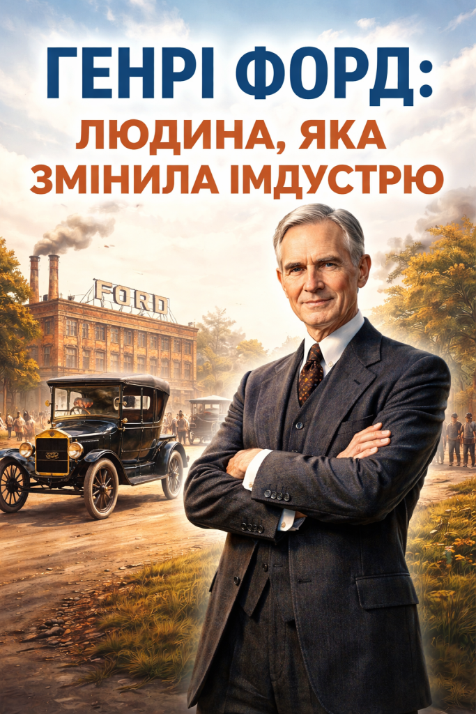 Генрі Форд на тлі заводу Ford і автомобіля Model T
