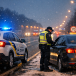Поліцейський зупинив автомобіль на зимовій дорозі та перевіряє документи водія в Україні