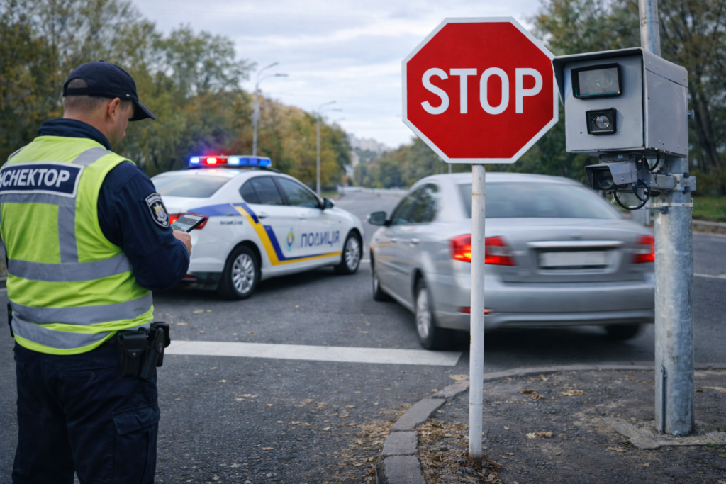 Автомобіль проїжджає знак Стоп без повної зупинки під контролем поліції і камери автофіксації