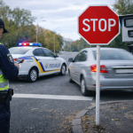 Автомобіль проїжджає знак Стоп без повної зупинки під контролем поліції і камери автофіксації