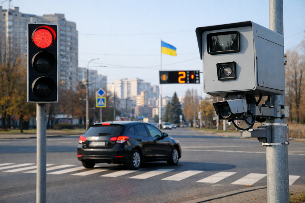 Камера автофіксації фіксує проїзд автомобіля на червоне світло на перехресті в Україні