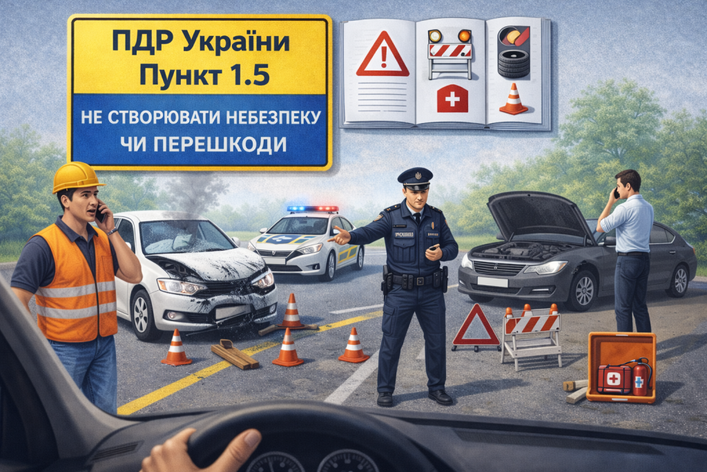 ПДР пункт 1.5 — дорожня перешкода на дорозі пошкоджений автомобіль попереджувальний трикутник та конуси забезпечують безпеку руху