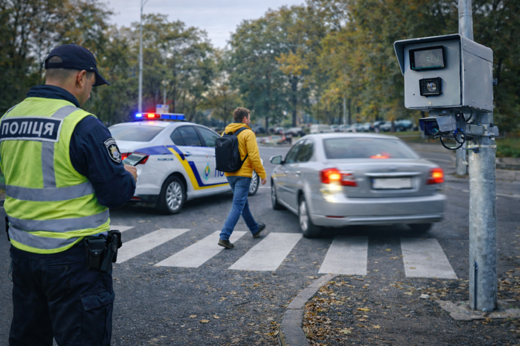 Водій не пропускає пішохода на пішохідному переході під контролем поліції та камери автофіксації