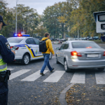 Водій не пропускає пішохода на пішохідному переході під контролем поліції та камери автофіксації