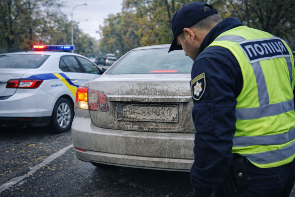 Поліцейський перевіряє брудний номерний знак автомобіля на дорозі в Україні