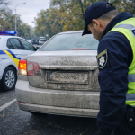 Поліцейський перевіряє брудний номерний знак автомобіля на дорозі в Україні