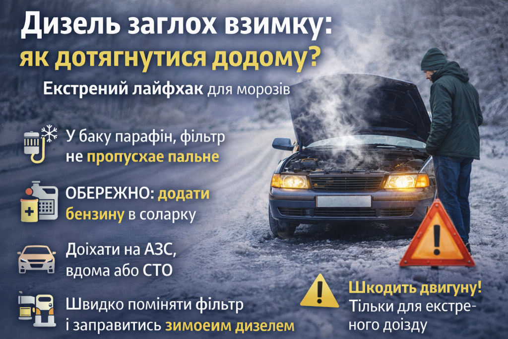 Дизельний автомобіль заглох узимку на трасі: водій біля відкритого капота в морозну погоду