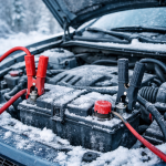 Прикурювання автомобільного акумулятора взимку під капотом з пусковими проводами