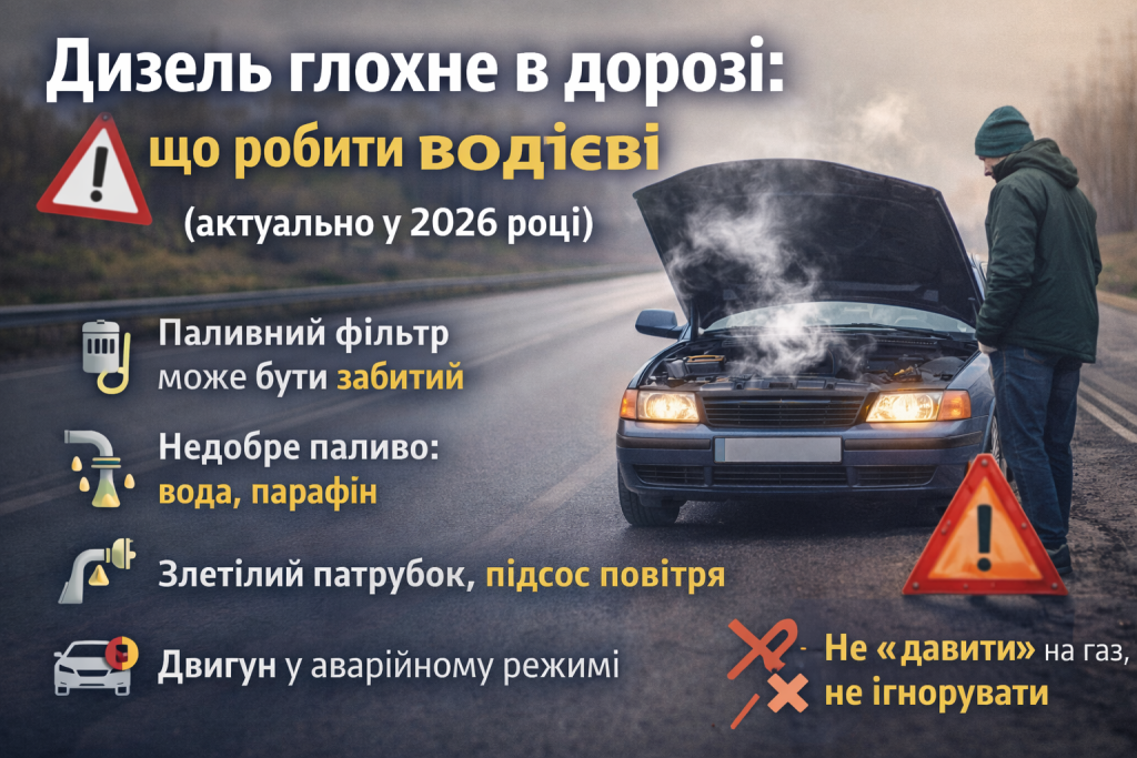 Дизельний автомобіль заглох на трасі: водій перевіряє двигун після втрати тяги