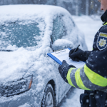 Поліцейський виписує штраф біля автомобіля, вкритого снігом, взимку
