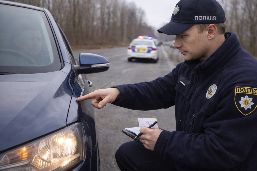 Поліцейський перевіряє автомобіль без увімкненого ближнього світла під час дорожньої зупинки в Україні