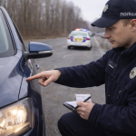 Поліцейський перевіряє автомобіль без увімкненого ближнього світла під час дорожньої зупинки в Україні