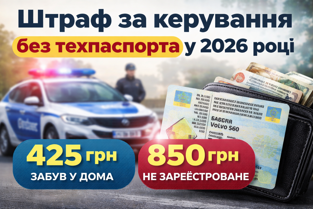 Штраф за керування без техпаспорта у 2026 році — 425 грн або 850 грн
