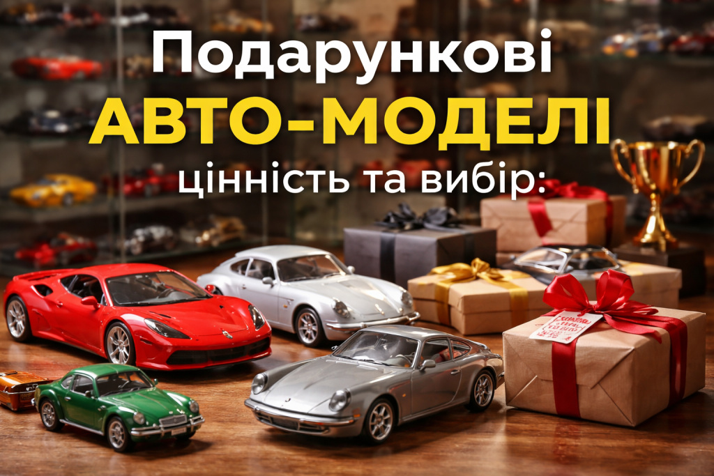 Подарункові автомобільні моделі на дерев'яному столі з упаковками подарунків, серед яких Ferrari 488 GTB, Porsche 911 та Volkswagen Beetle