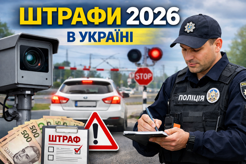 Штрафи за порушення ПДР в Україні у 2026 році — поліцейський виписує постанову, камера автофіксації та дорожні знаки