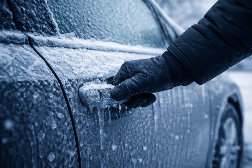 Примерзлі двері автомобіля взимку — обледеніла ручка і кузов після морозу