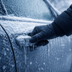 Примерзлі двері автомобіля взимку — обледеніла ручка і кузов після морозу