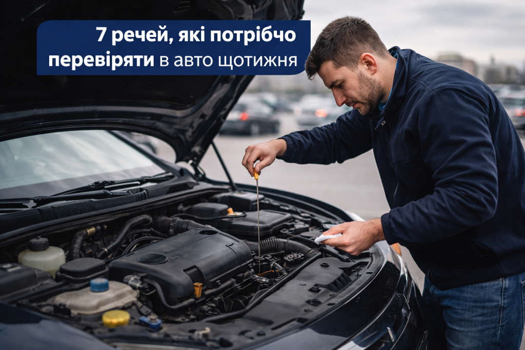 Водій перевіряє рівень моторного масла щупом під капотом автомобіля перед поїздкою
