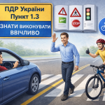 ПДР пункт 1.3 — взаємна ввічливість учасників дорожнього руху водій пропускає пішохода на пішохідному переході поруч рухається велосипедист