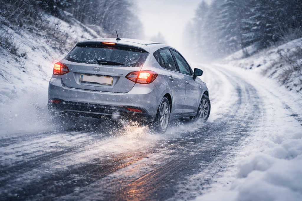 Автомобіль буксує і намагається виїхати під гору на ожеледиці взимку на слизькій дорозі