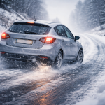 Автомобіль буксує і намагається виїхати під гору на ожеледиці взимку на слизькій дорозі