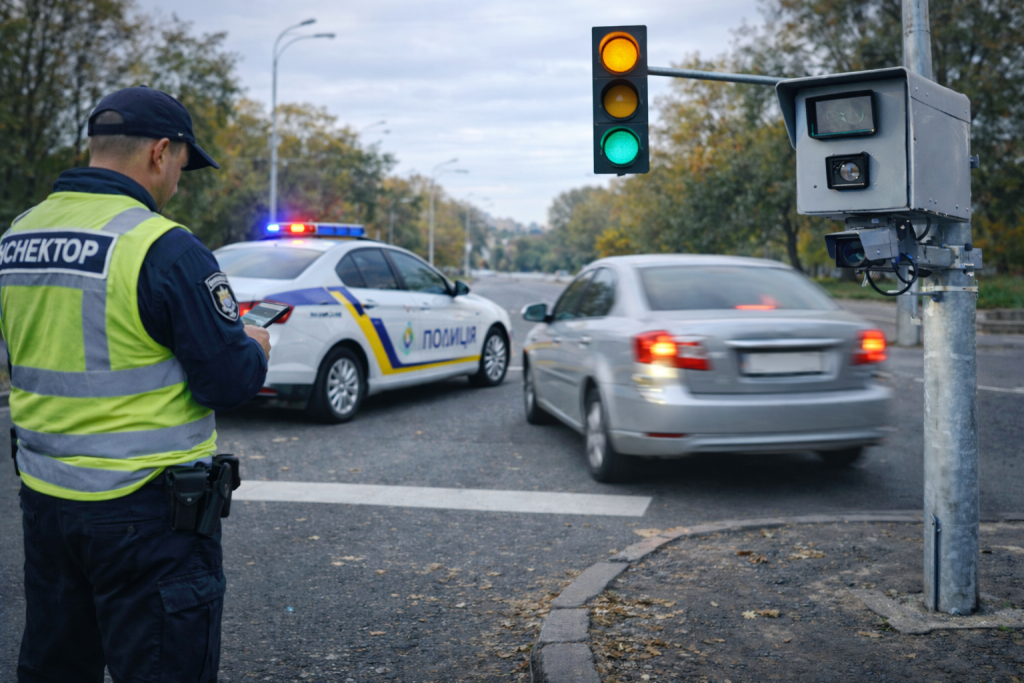Автомобіль проїжджає перехрестя на жовтий сигнал світлофора під контролем поліції та камери автофіксації