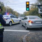 Автомобіль проїжджає перехрестя на жовтий сигнал світлофора під контролем поліції та камери автофіксації