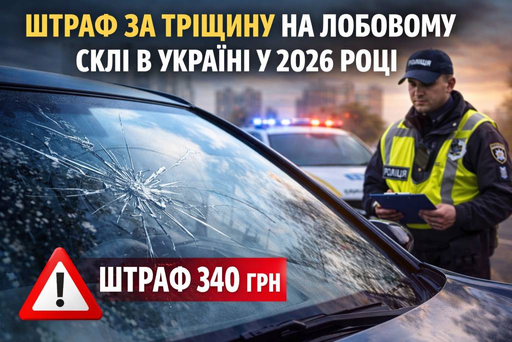 Тріщина на лобовому склі автомобіля та поліцейський в Україні який перевіряє технічний стан авто