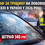 Тріщина на лобовому склі автомобіля та поліцейський в Україні який перевіряє технічний стан авто