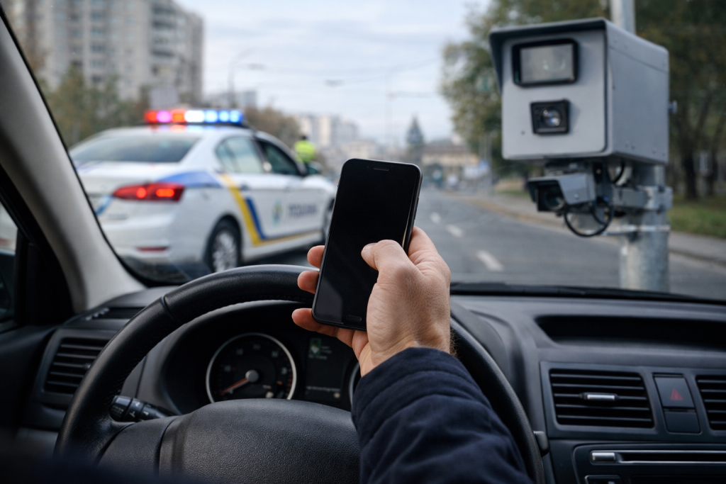 Водій користується телефоном за кермом автомобіля, порушуючи правила дорожнього руху