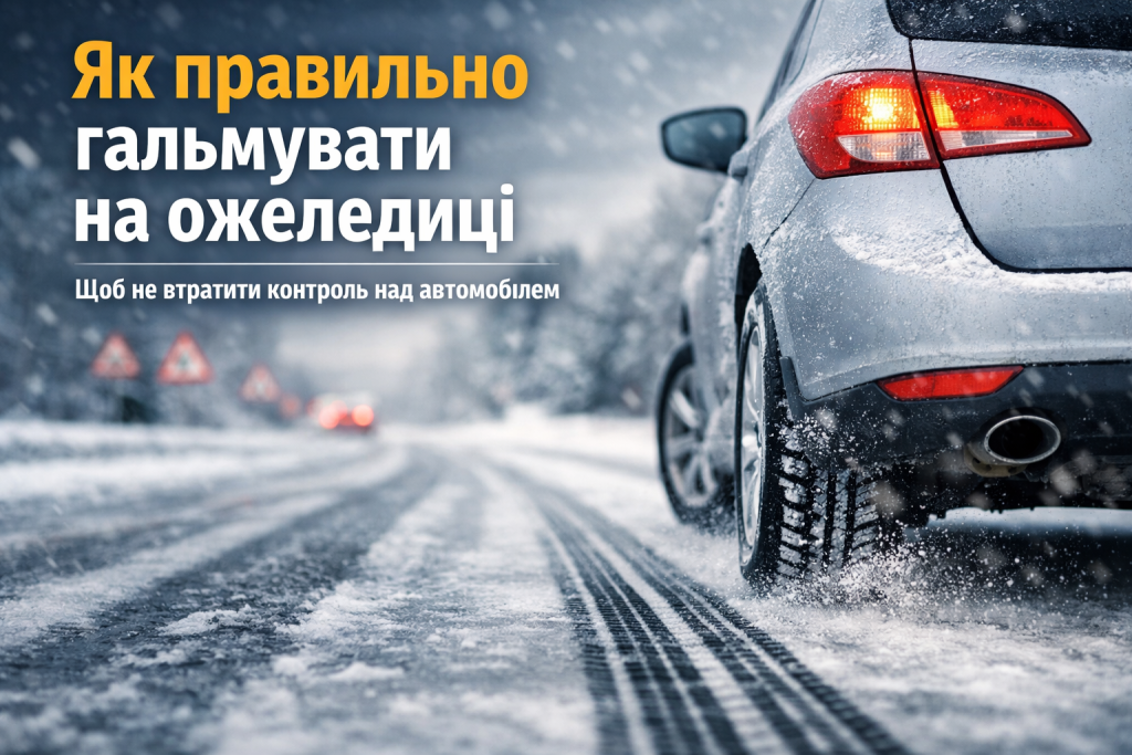 Автомобіль гальмує на ожеледиці взимку, колеса ковзають на слизькій засніженій дорозі