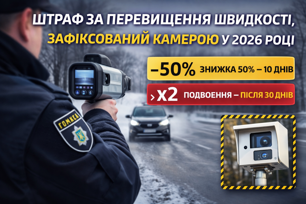 Штраф за перевищення швидкості, зафіксований камерою в Україні у 2026 році: знижка 50% при оплаті протягом 10 днів