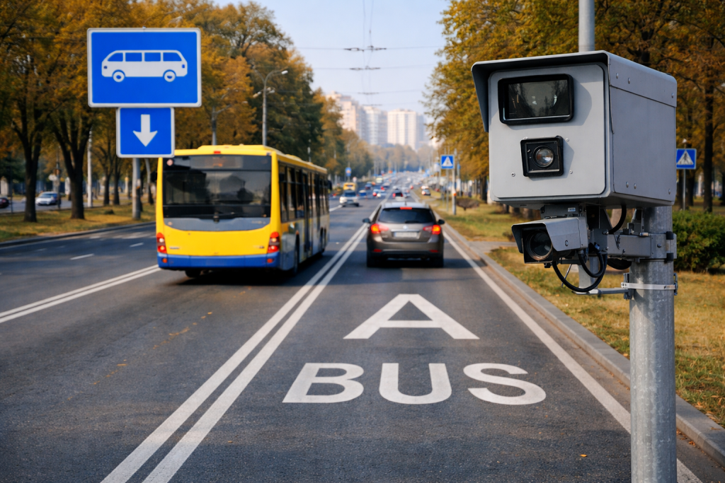 Смуга громадського транспорту з розміткою BUS і камерою автофіксації в місті України