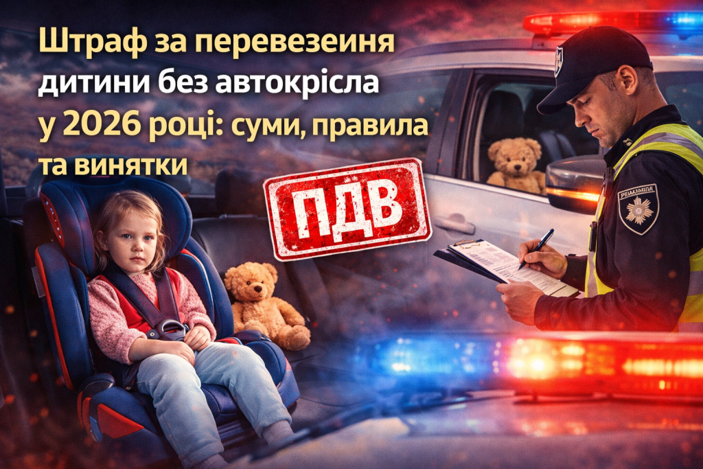 Штраф за перевезення дитини без автокрісла у 2026 році — поліцейський оформлює постанову під час перевірки автомобіля