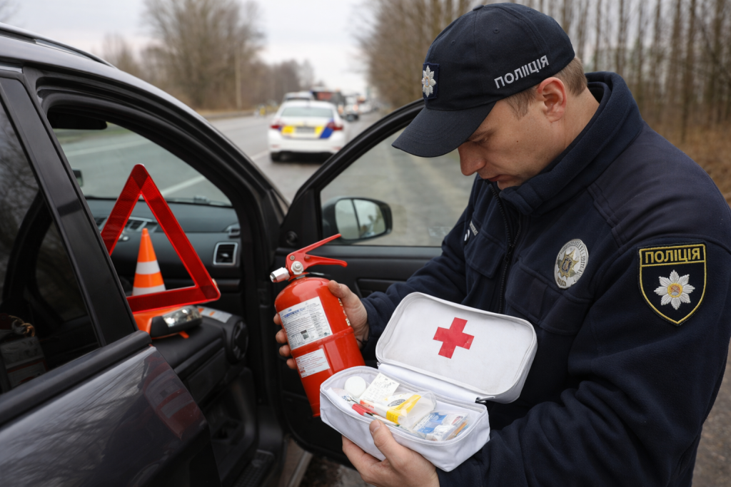 Поліцейський перевіряє аптечку, вогнегасник і знак аварійної зупинки в автомобілі під час зупинки в Україні